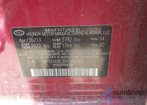 2013 Hyundai Elantra Gls from USA, damaged, VIN 5NPDH4AE3DH336309